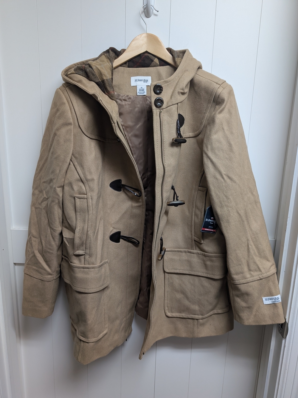 St. John's Bay Women's Hooded Toggle and Zipper Cashmere Blend Coat in Khaki, 2X